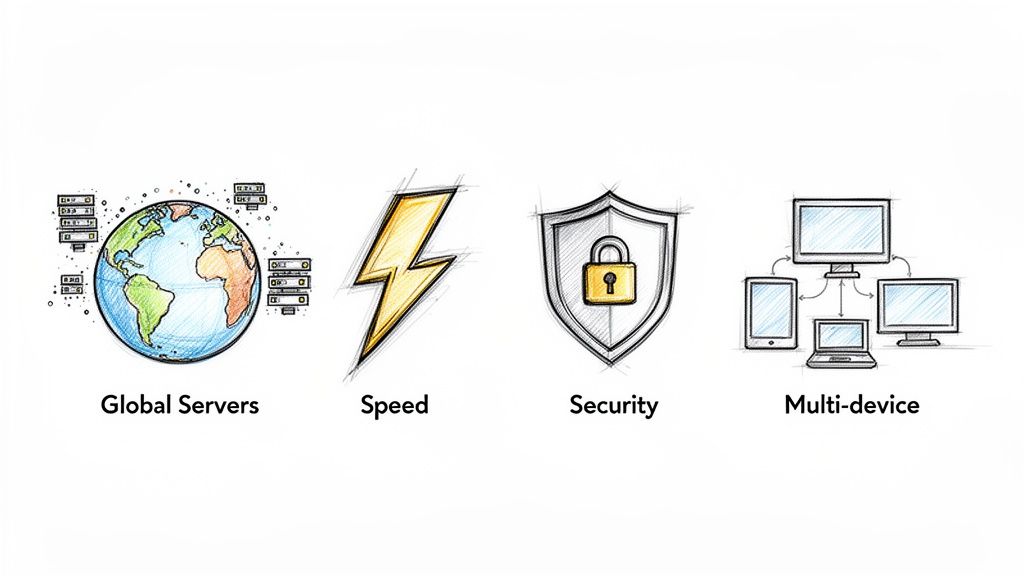 Sketched icons representing global servers, speed, security, and multi-device compatibility for a service.