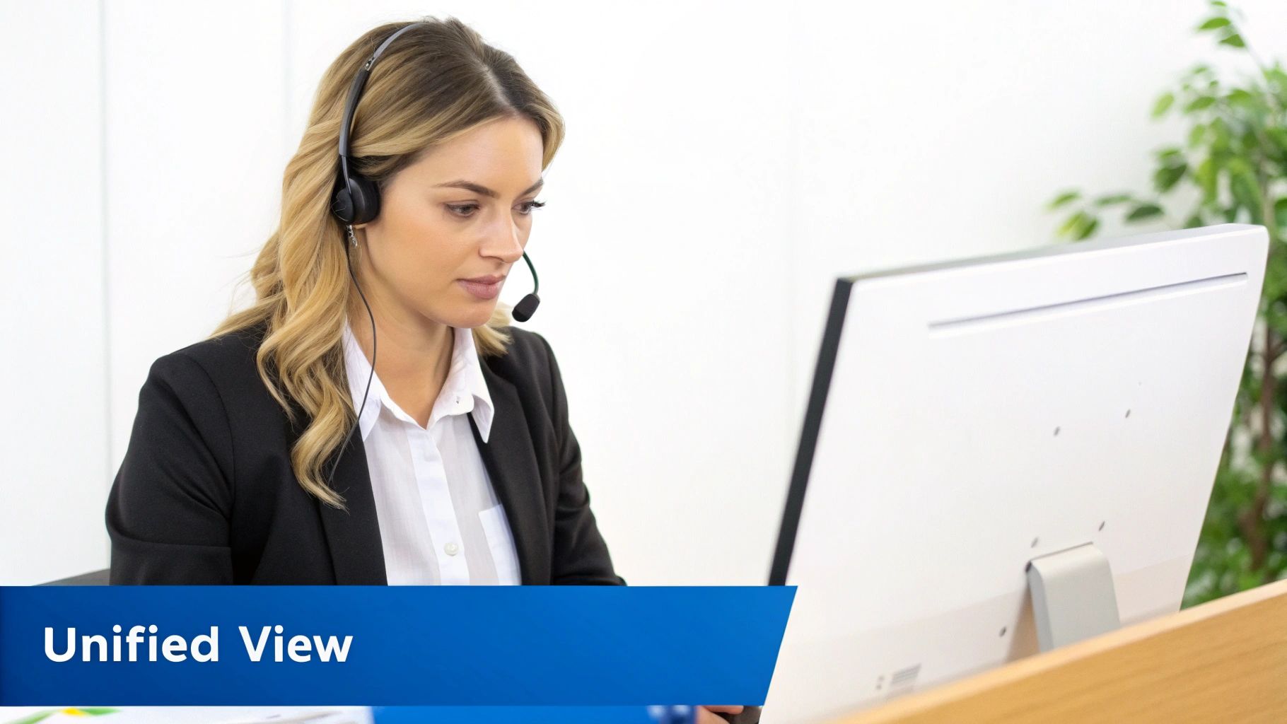 Eine konzentrierte Callcenter-Agentin mit Headset arbeitet am Computer und bietet Kundensupport.