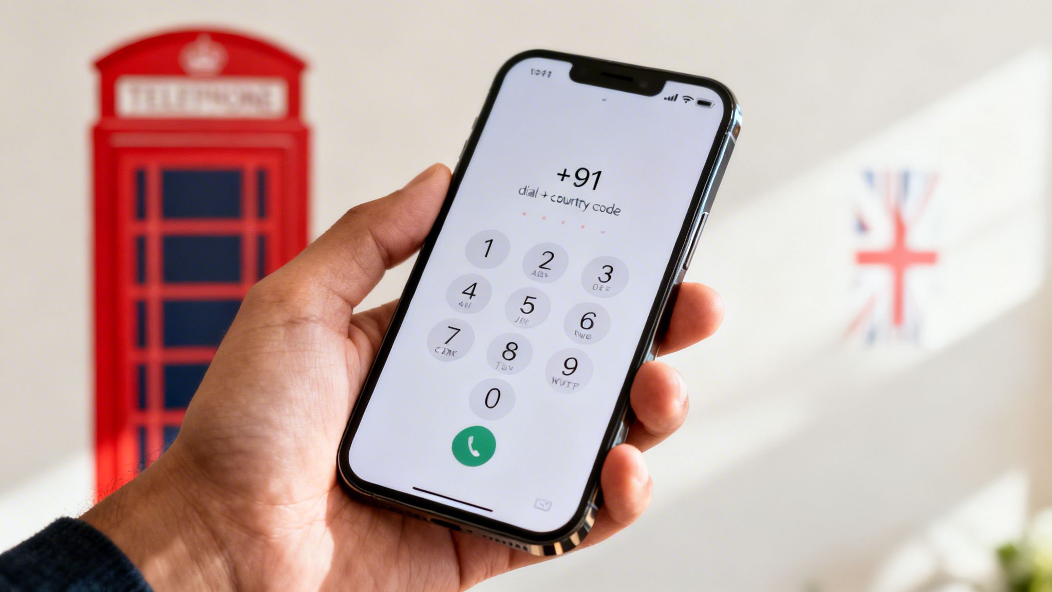 A hand holds a smartphone displaying a dial pad with +91 country code, near a British telephone booth.