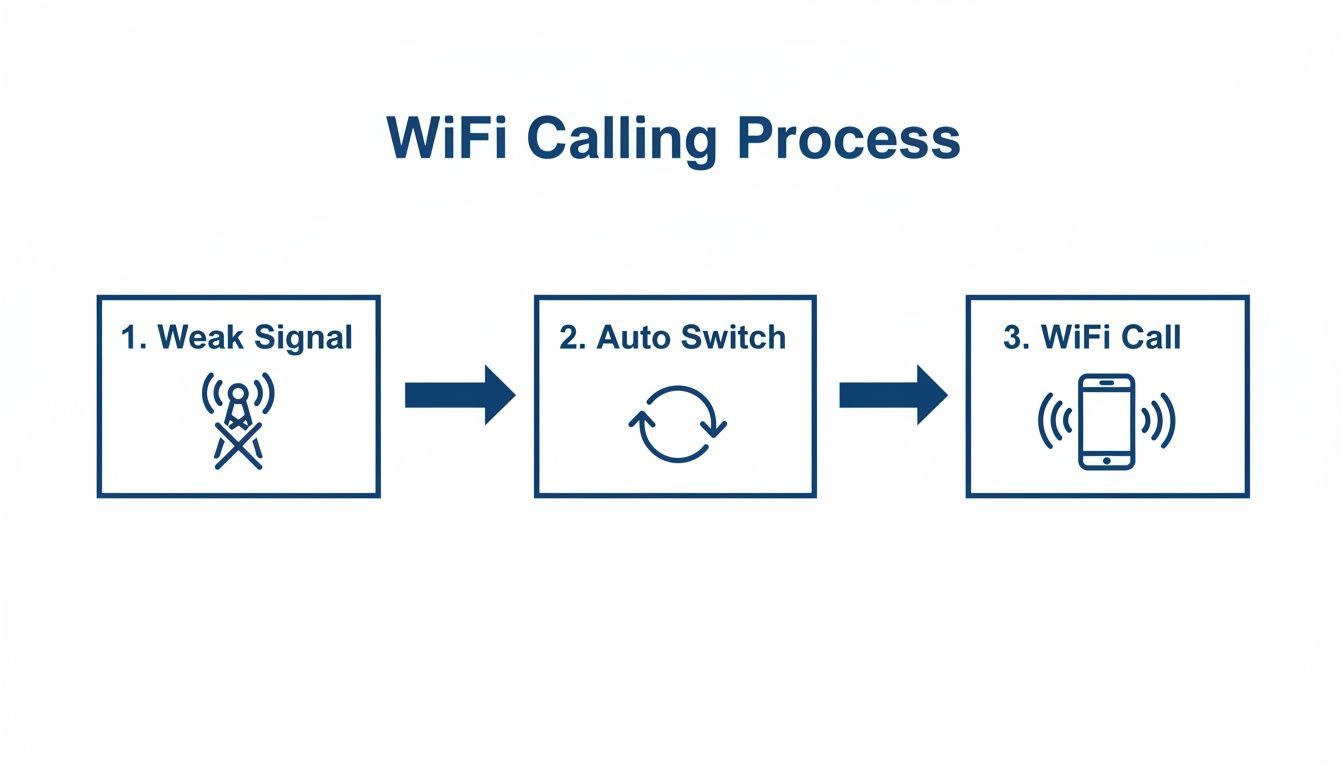 Ein Ablaufdiagramm zeigt den WiFi‑Calling‑Prozess: von schwachem Signal zu automatischem Wechsel auf einen WiFi‑Anruf.
