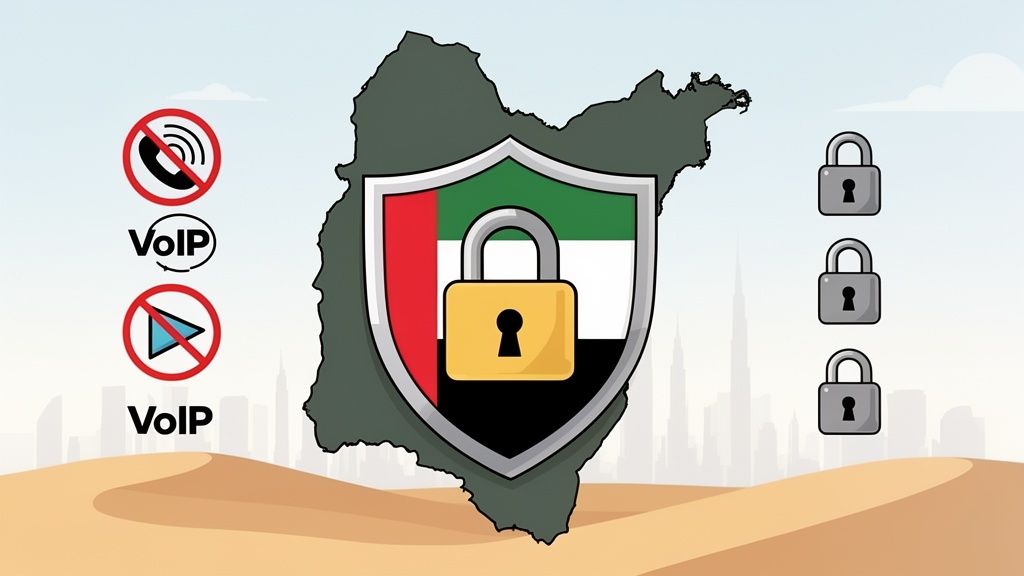 UAE map with flag shield, padlock, and 'No VoIP' signs, symbolizing internet restrictions and security.
