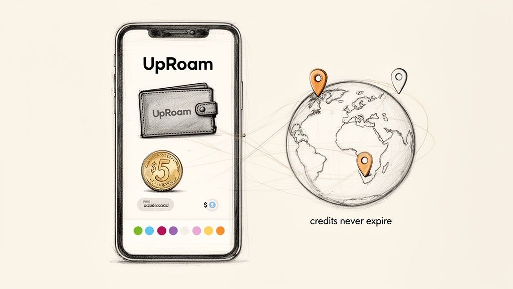 UpRoam app on a smartphone connected to a globe with location pins, emphasizing non-expiring international credits.