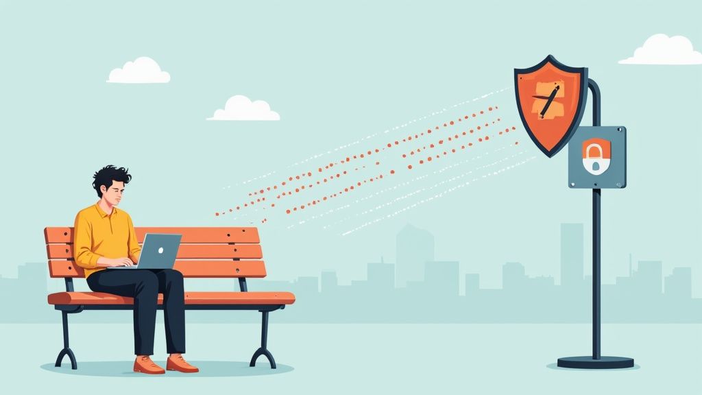 A man uses a laptop on a park bench as a shield protects his data transmission.