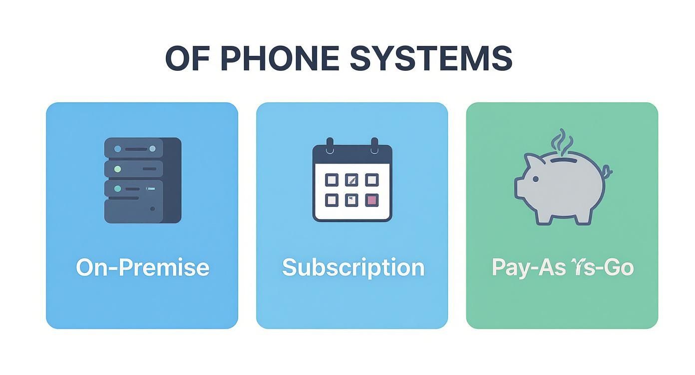 オンプレミス、サブスクリプション、従量課金の三つの電話システムの可視的比較図。