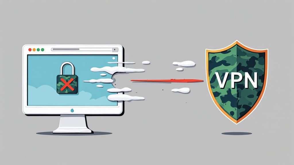 A computer screen with a locked padlock and red 'X' connecting to a VPN shield for security.