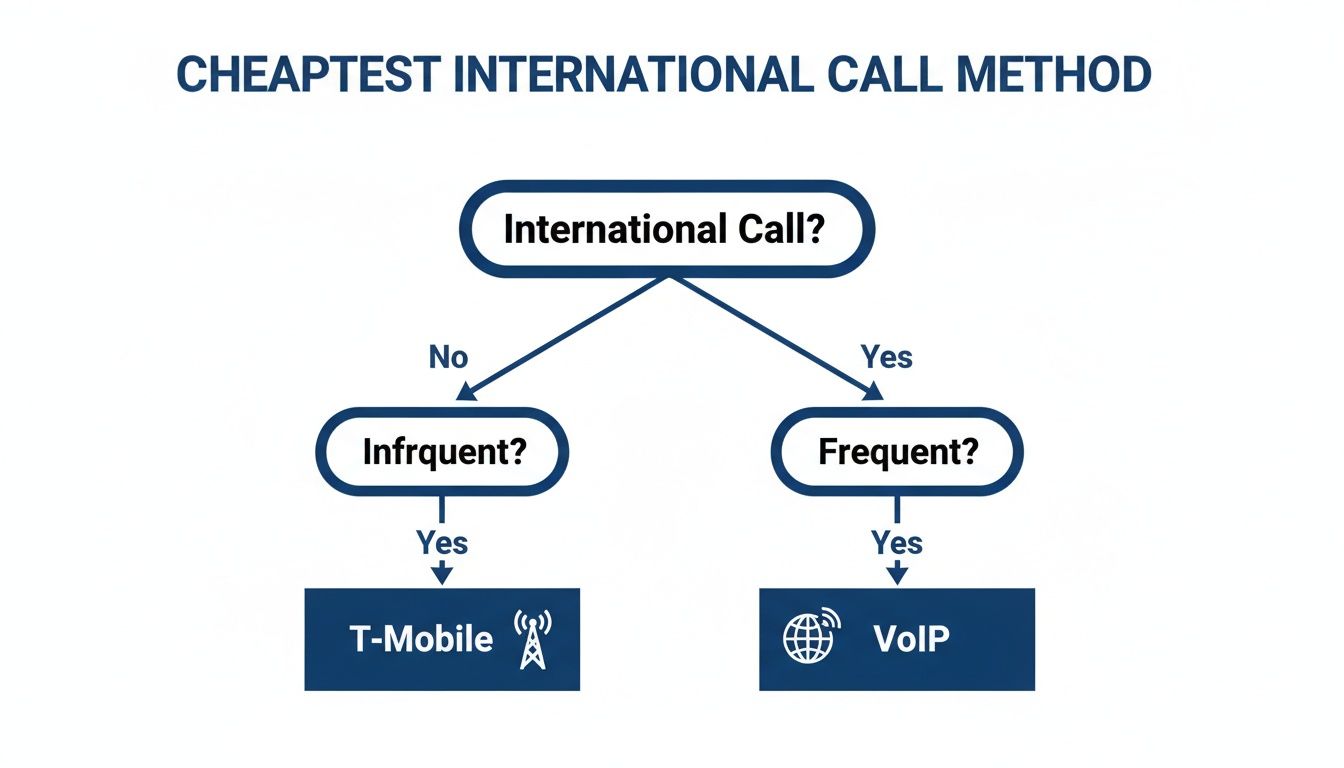 A flowchart illustrates the cheapest international call method, recommending T-Mobile for infrequent calls and VoIP for frequent use.
