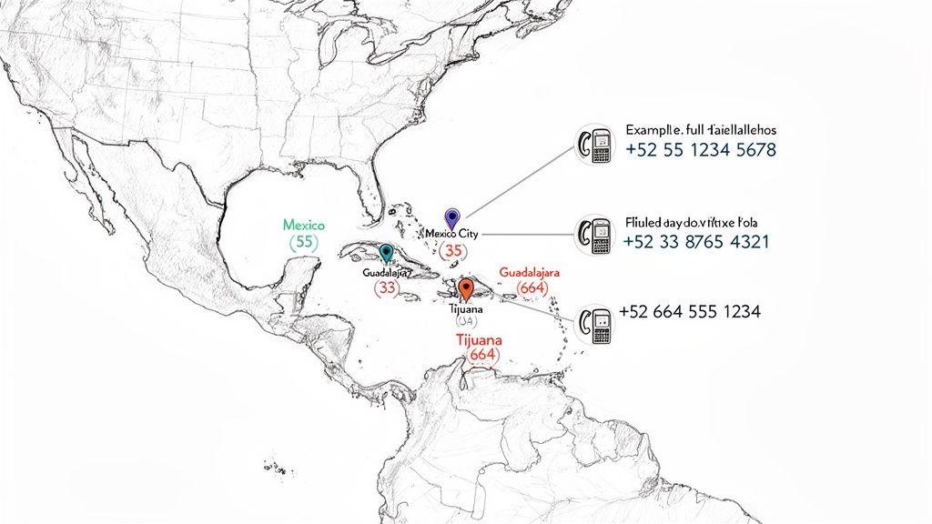 Karte von Mexiko mit markierten Städten wie Mexiko-Stadt, Guadalajara und Tijuana sowie zugehörigen Telefonnummern.