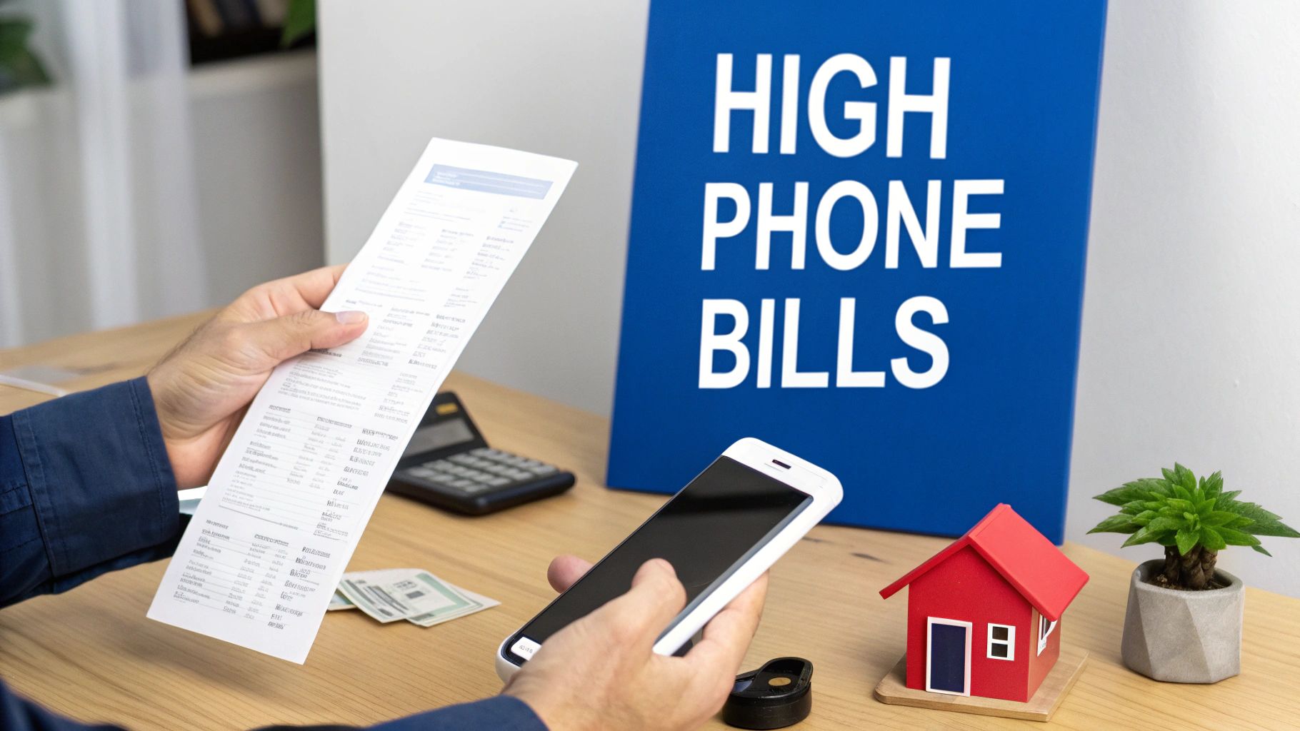 A person reviews a long phone bill and holds a smartphone, with a 'HIGH PHONE BILLS' sign in the background.
