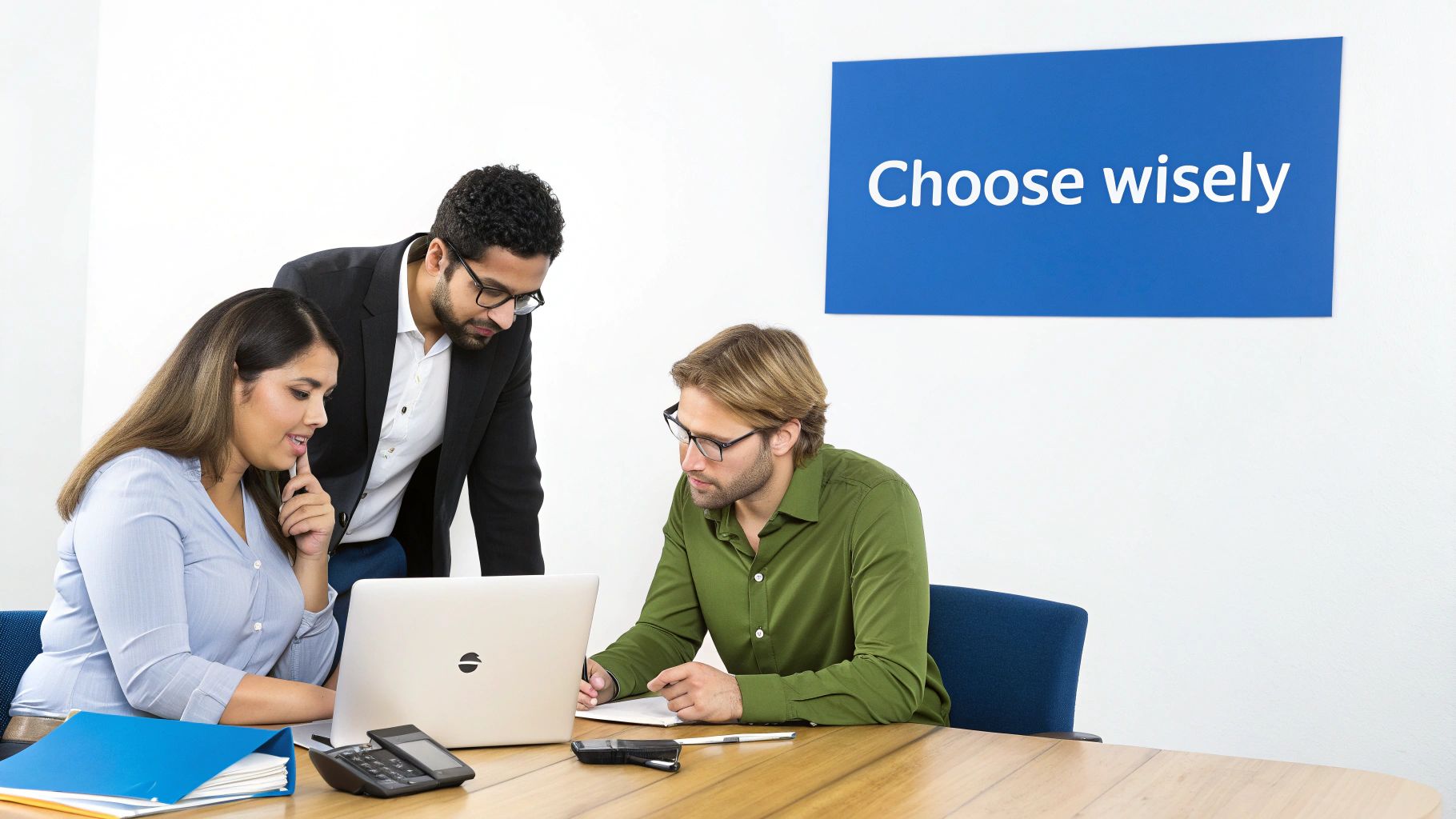 明るいオフィスでノートPCを囲む三人の多様な同僚。『慎重に選んで』のサインが見える。