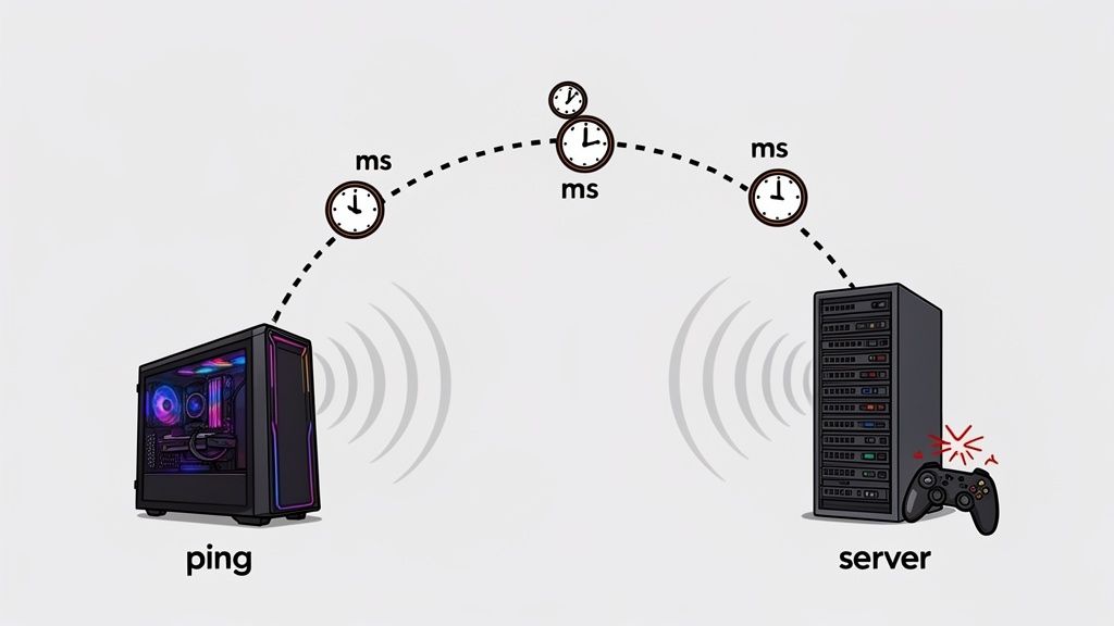 Illustration of a gaming PC sending data to a server, showing network latency (ping) in milliseconds with clocks, and a laggy controller.
