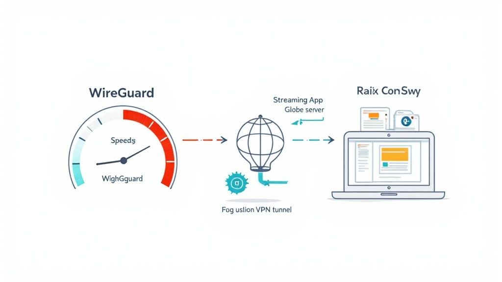 Diagram illustrating WireGuard VPN boosting streaming app speeds through a secure tunnel to a user's laptop.