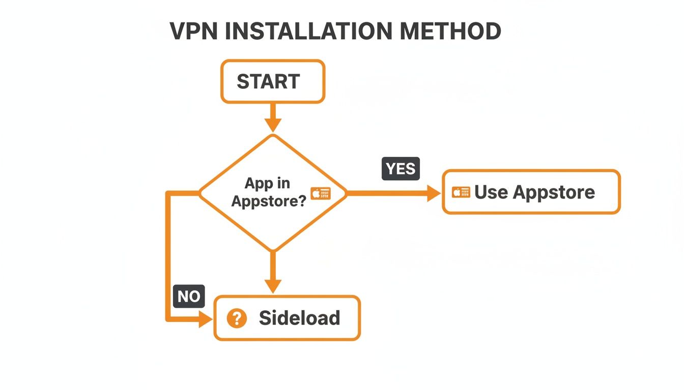 Flowchart illustrating VPN installation methods: start, check if app is in Appstore, then use Appstore or sideload.