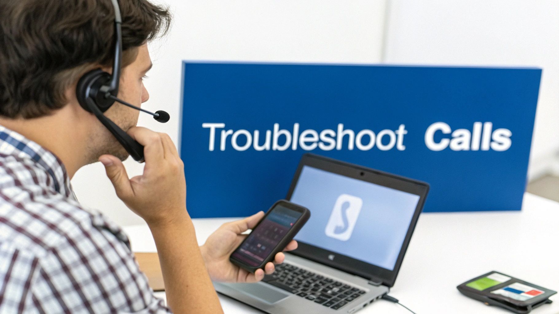 スマートフォンを見てフラストレーションを感じている人。ネットワークエラーのアイコンが浮かんでいます。