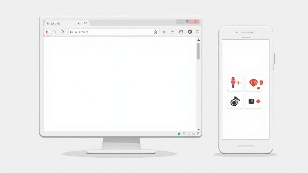 Desktop computer and mobile phone displaying responsive web design and user interface icons