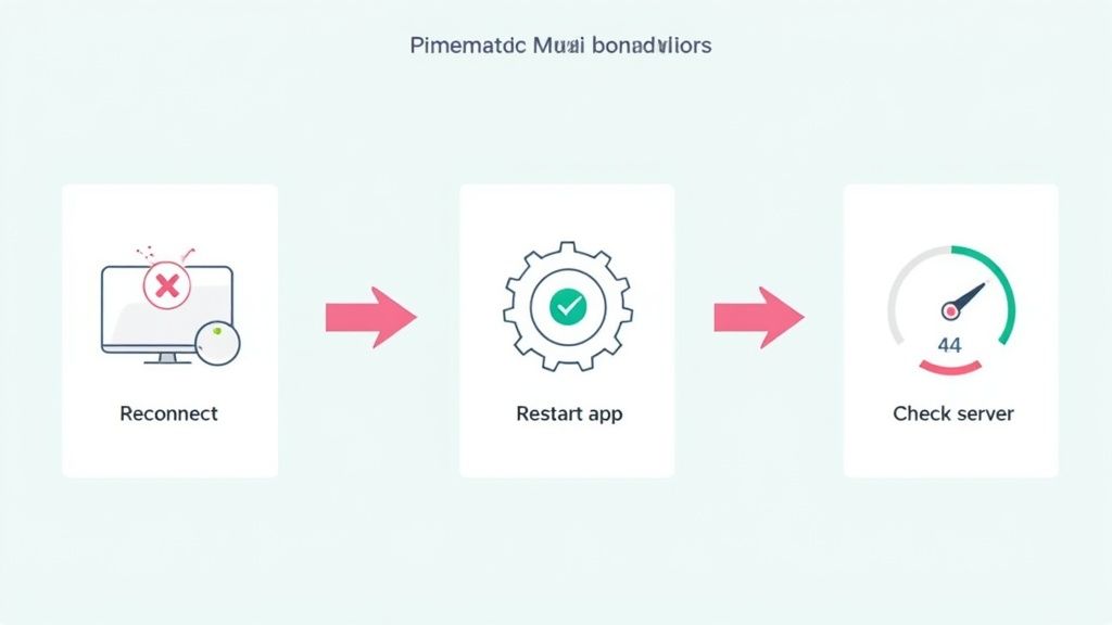 A flowchart showing three troubleshooting steps: reconnect, restart app, and check server.