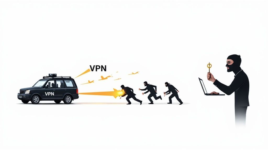 A black SUV labeled 'VPN' emits a protective barrier, chasing away running hackers from a laptop-wielding thief.