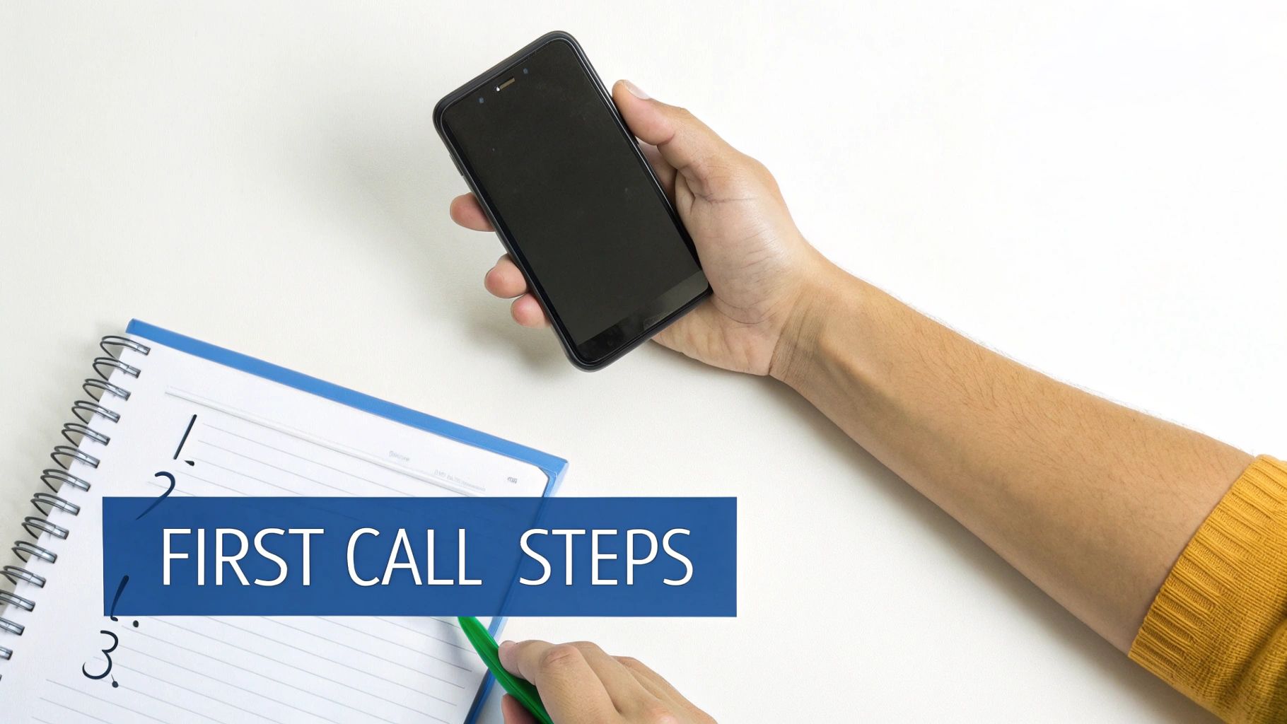 A person holds a smartphone while writing 'FIRST CALL STEPS' in a notebook with numbered points.