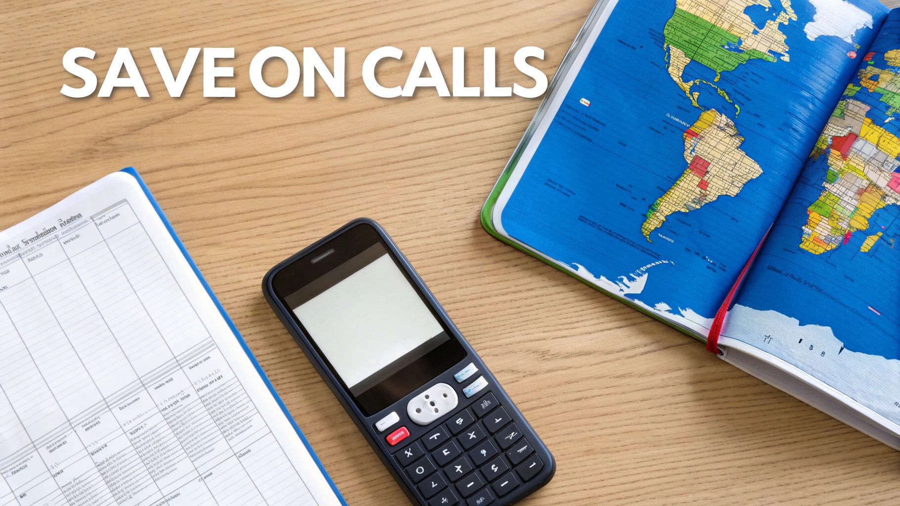 Ein Schreibtisch mit Weltkarte, Taschenrechner‑Telefon und Notizbuch, mit dem Text 'SPAREN BEIM TELEFONIEREN'.