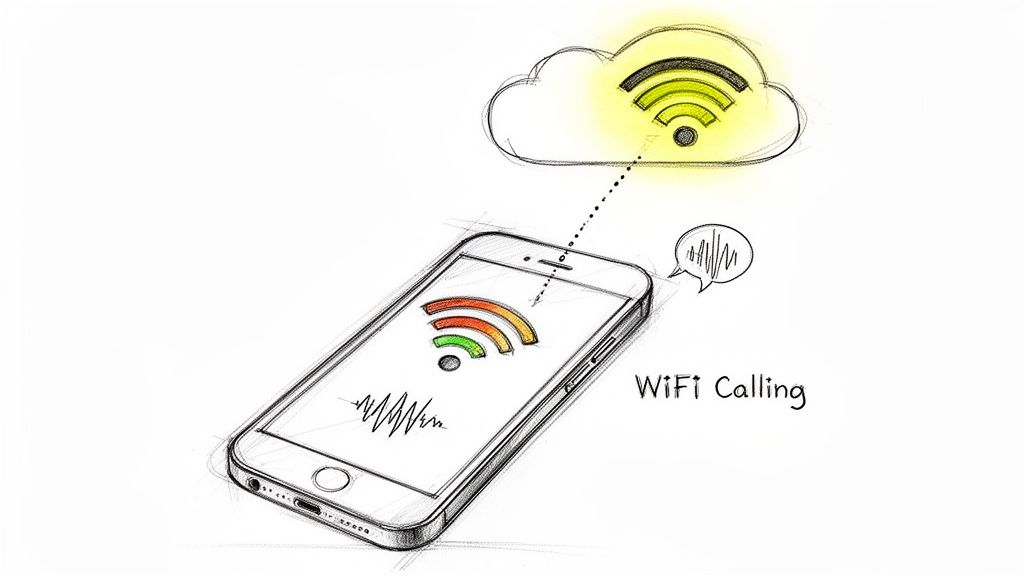 Eine handgezeichnete Skizze eines Smartphones, das sich per WLAN mit einer Cloud für Anrufe verbindet.