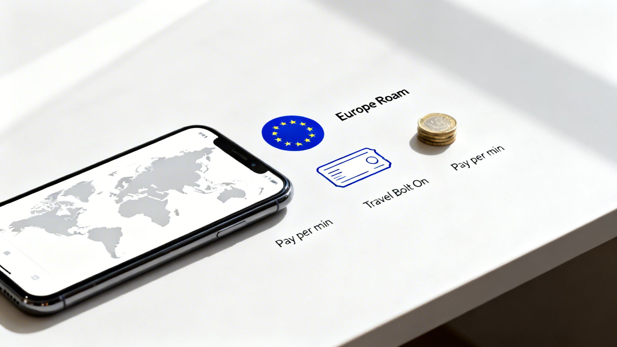 A smartphone with a world map, EU flag, travel icon, and Euro coins illustrating international roaming options.