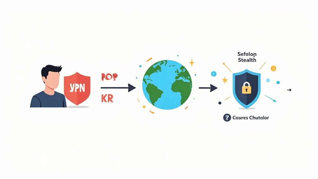 شخص على هاتفه مع أيقونة قفل VPN آمنة، تبرز أهمية اختيار VPN المناسب للصين.
