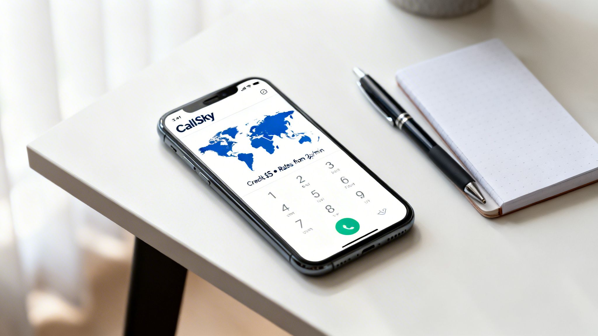 A smartphone displays a calling app with a world map and dial pad, on a white desk.