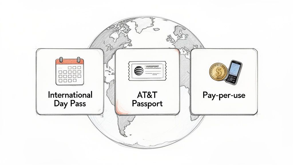 Illustration showing AT&T international travel plan options: Day Pass, Passport, and Pay-per-use, over a globe.