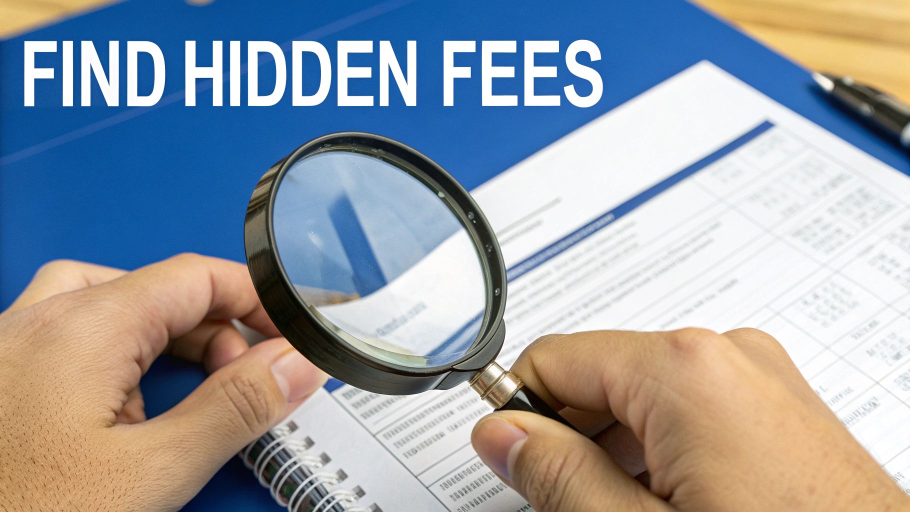『隠れた料金を見つける（FIND HIDDEN FEES）』という文言の書類を虫眼鏡で精査している人の写真。