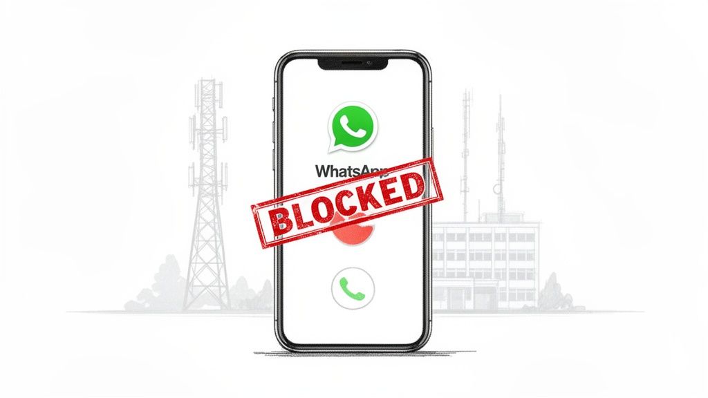 A smartphone screen displaying the WhatsApp logo, a call interface, and a 'BLOCKED' stamp over it. Communication towers are in the background.