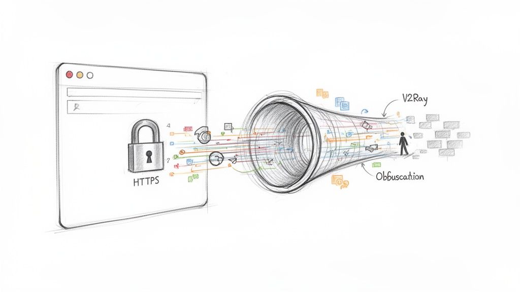 Diagram illustrating HTTPS browser data secured and obfuscated through V2Ray to bypass network restrictions.