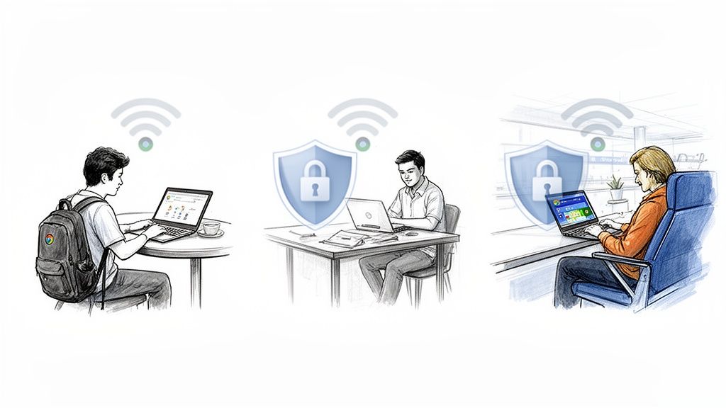 Three people using laptops in different locations with Wi-Fi signals and VPN security shields.