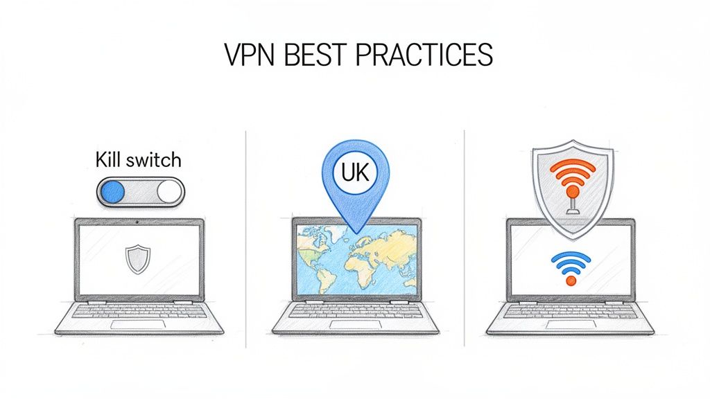 Three illustrations of VPN best practices: a kill switch, a UK server location, and secure Wi-Fi.