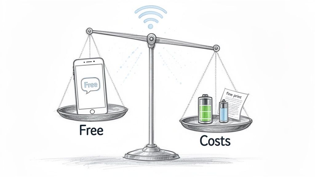 Eine Waage zeigt ein 'kostenloses' Telefon im Gegensatz zu 'Kosten' wie Akku und Kleingedrucktem.