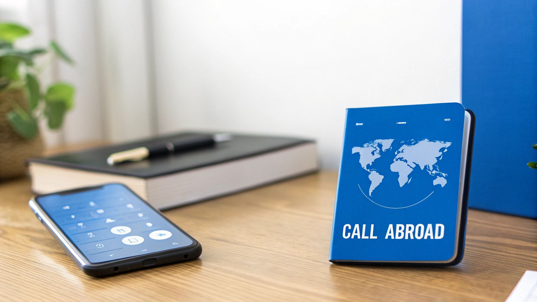 Un smartphone affiche un clavier de numérotation à côté d’un carnet bleu « APPELER À L’ÉTRANGER » avec une carte du monde.