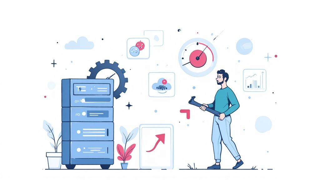 A man with a wrench stands by a server rack, surrounded by data management and performance icons.