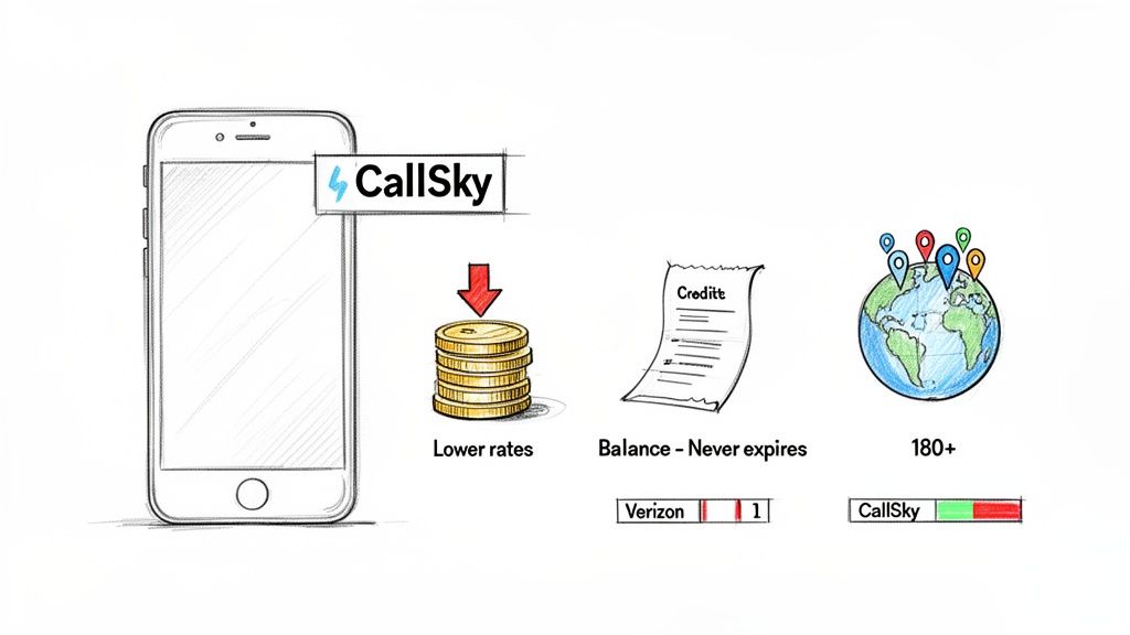 Infographic highlighting CallSky's benefits for international calling, including lower rates, non-expiring balance, and global coverage.