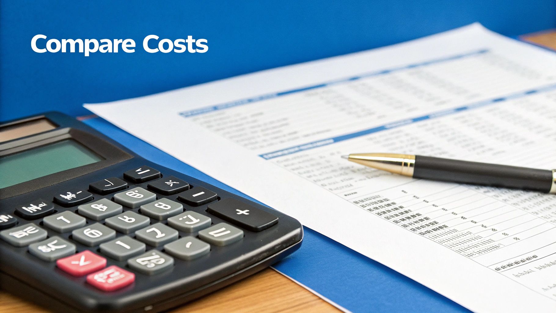 Taschenrechner, Stift und Finanzunterlagen auf dem Schreibtisch zum Vergleich der Kosten für internationale Anrufe