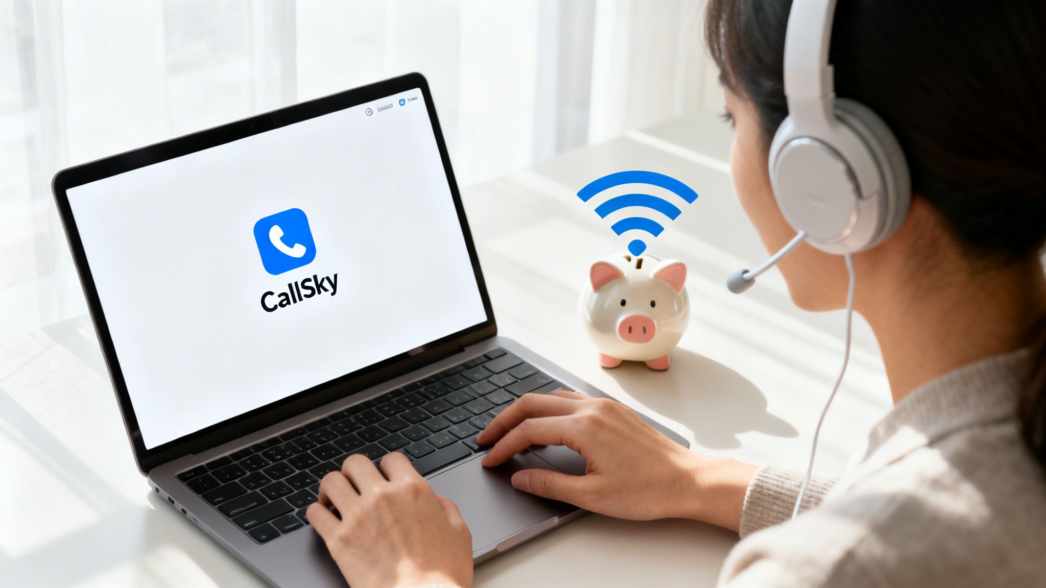 Woman in headset using a laptop with CallSky app, next to a piggy bank with Wi-Fi signal.