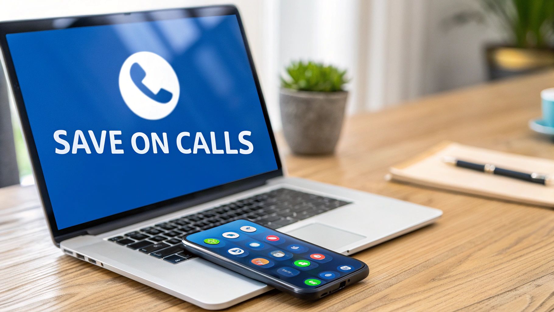 『SAVE ON CALLS』の文字が表示されたノートパソコンとスマートフォンの写真。