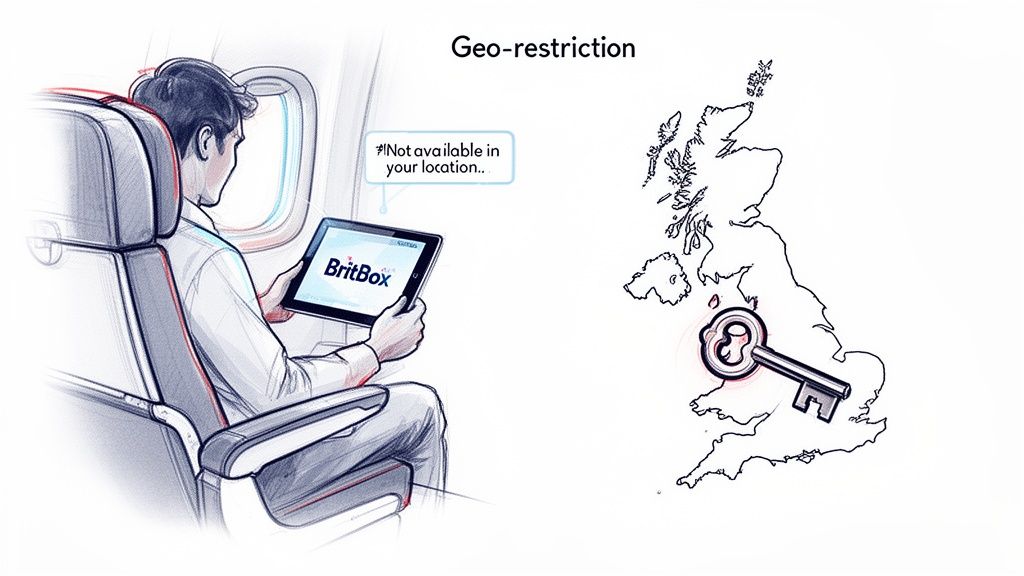 A man on a plane attempts to access BritBox on a tablet, blocked by geo-restriction.