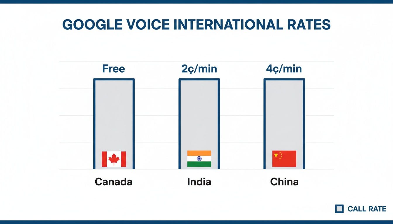 Bar chart displaying Google Voice international call rates, showing Canada (Free), India (2¢/min), and China (4¢/min).