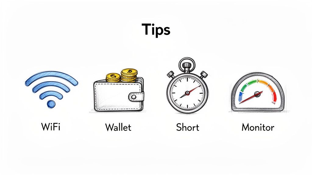 A graphic titled 'Tips' showing icons for WiFi, wallet, stopwatch, and monitor, representing international calling advice.