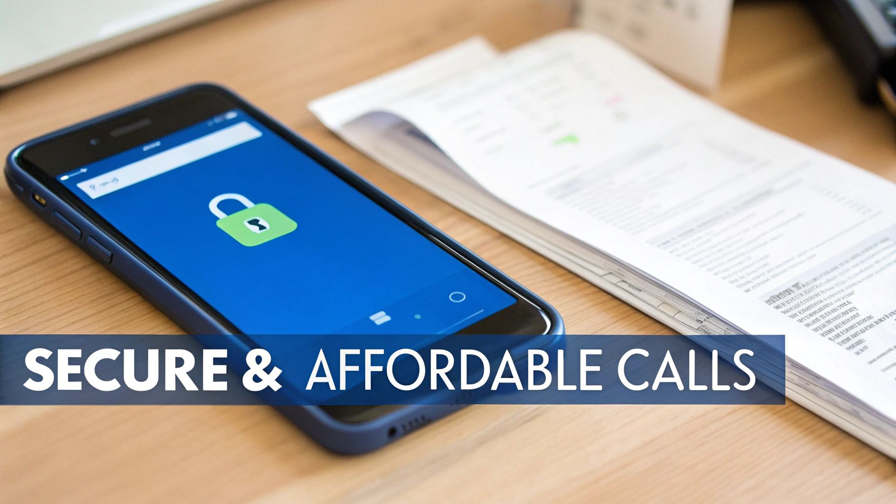 Ein Smartphone zeigt ein grünes Vorhängeschloss-Symbol auf blauem Bildschirm und bewirbt sichere und günstige Anrufe.