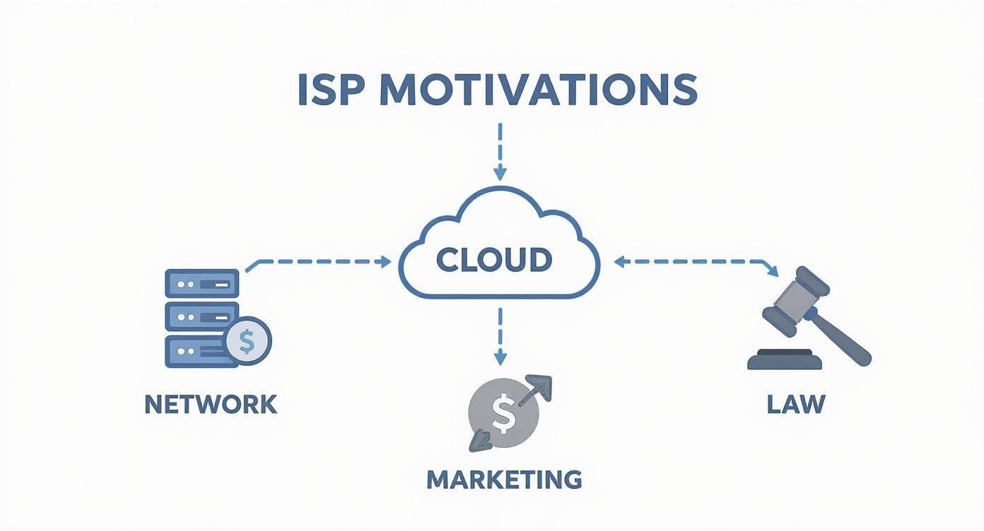 Diagram illustrating ISP motivations, showing how cloud services are influenced by network infrastructure, marketing strategies, and legal regulations.