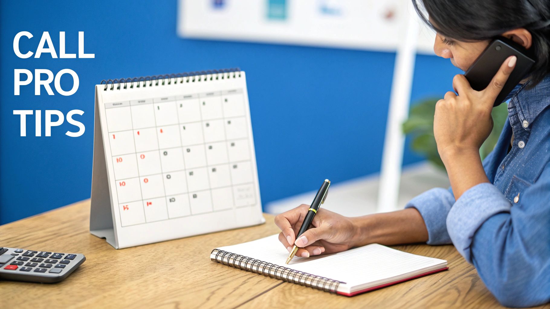 Frau am Telefon macht Notizen mit Kalender und Taschenrechner auf dem Schreibtisch.