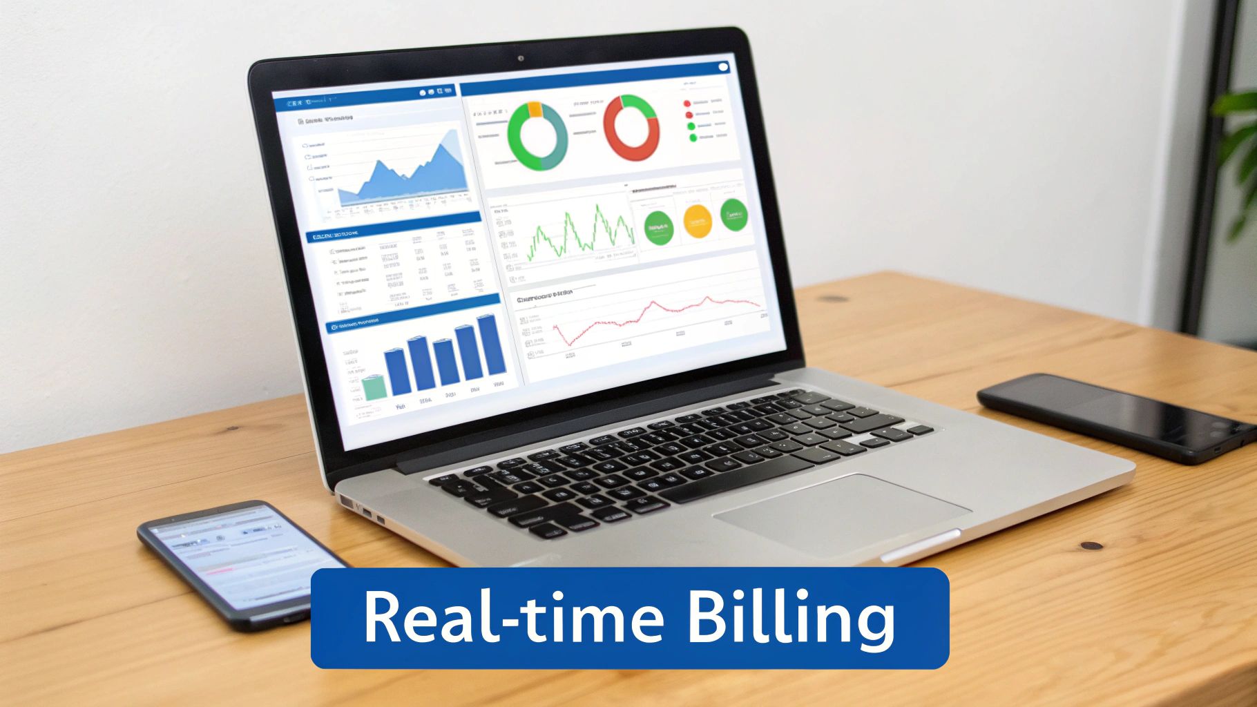 Un ordinateur portable affiche un tableau de bord de facturation en temps réel avec graphiques, posé sur un bureau en bois à côté de deux smartphones.