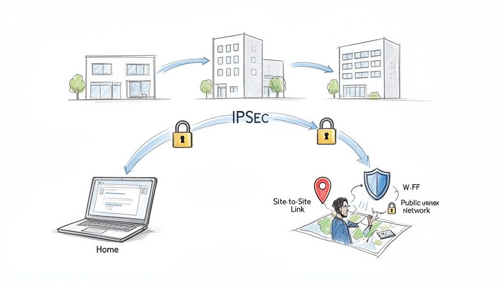Diagram illustrating IPSec securing network connections from a home setup to various corporate and public networks.