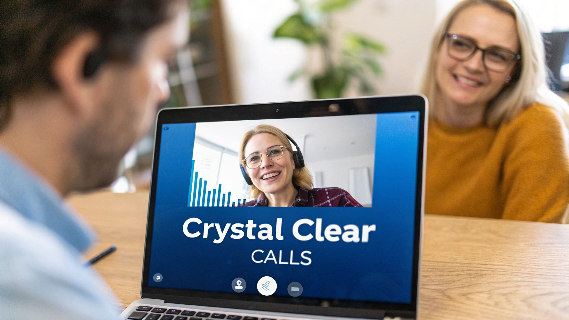 A woman with headphones on, smiling while on a clear video call on her laptop.