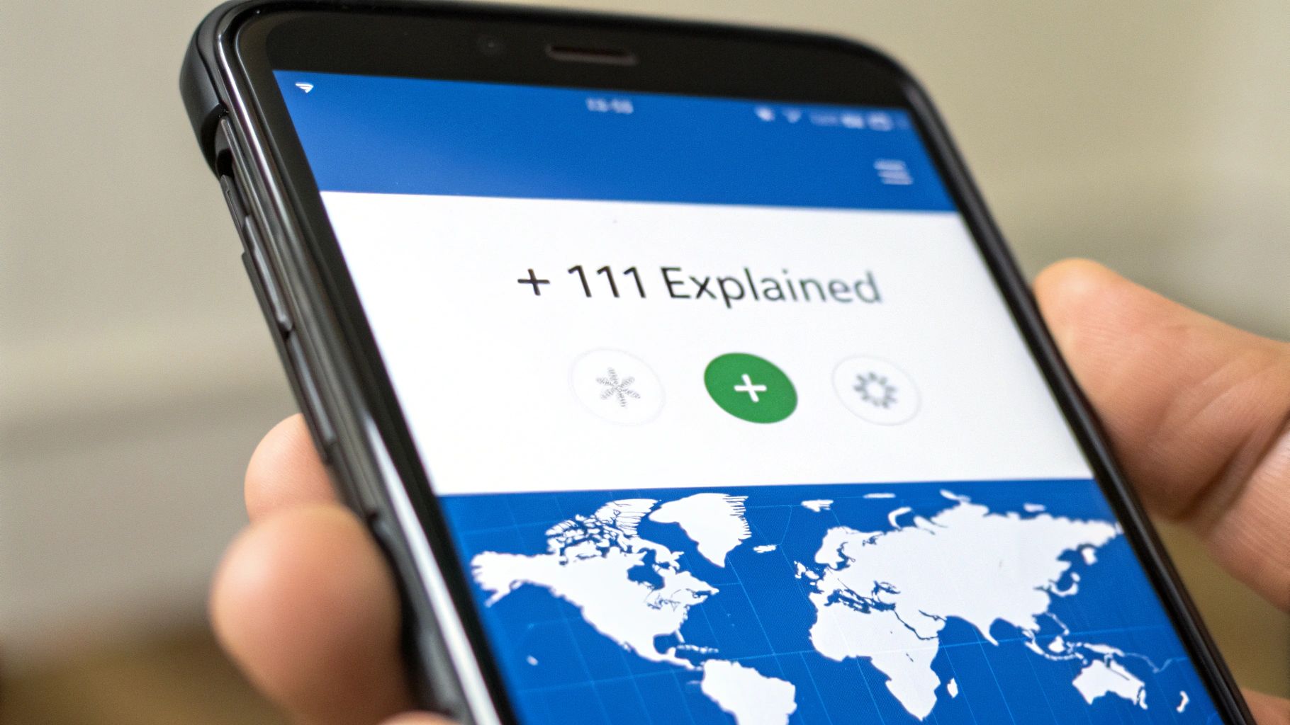 Close-up of a hand holding a smartphone displaying an app with '+ 111 Explained' and a world map.