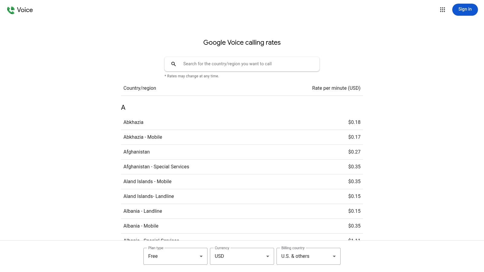 Google Voice‑Oberfläche mit Tarifinformationen und Guthaben